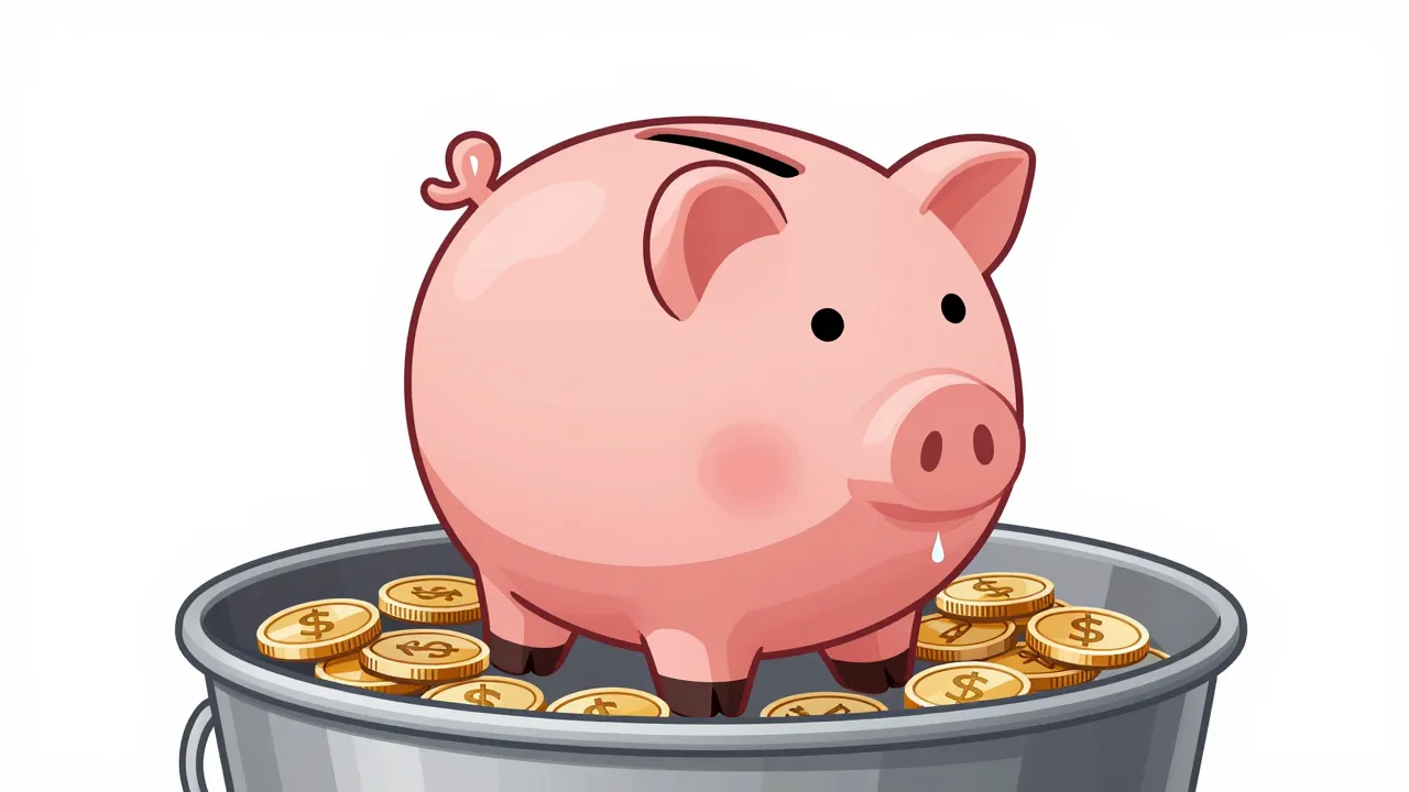 돼지저금통에서 양동이로 동전 흘러감